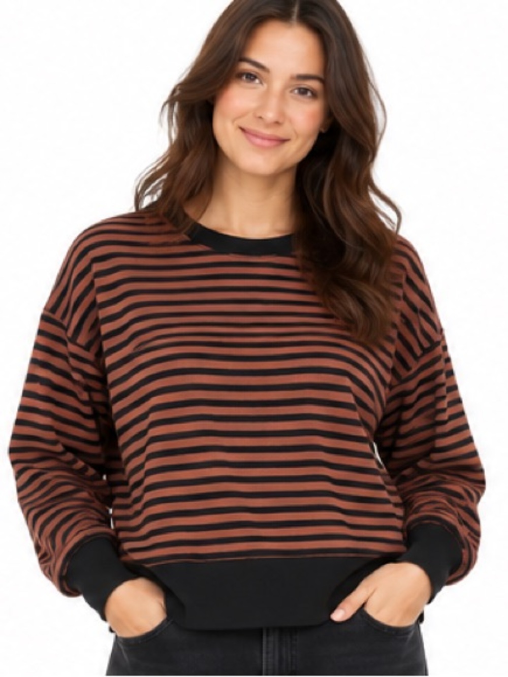 Aerie S Brown Black Striped Oversized Crewneck Sweatshirt